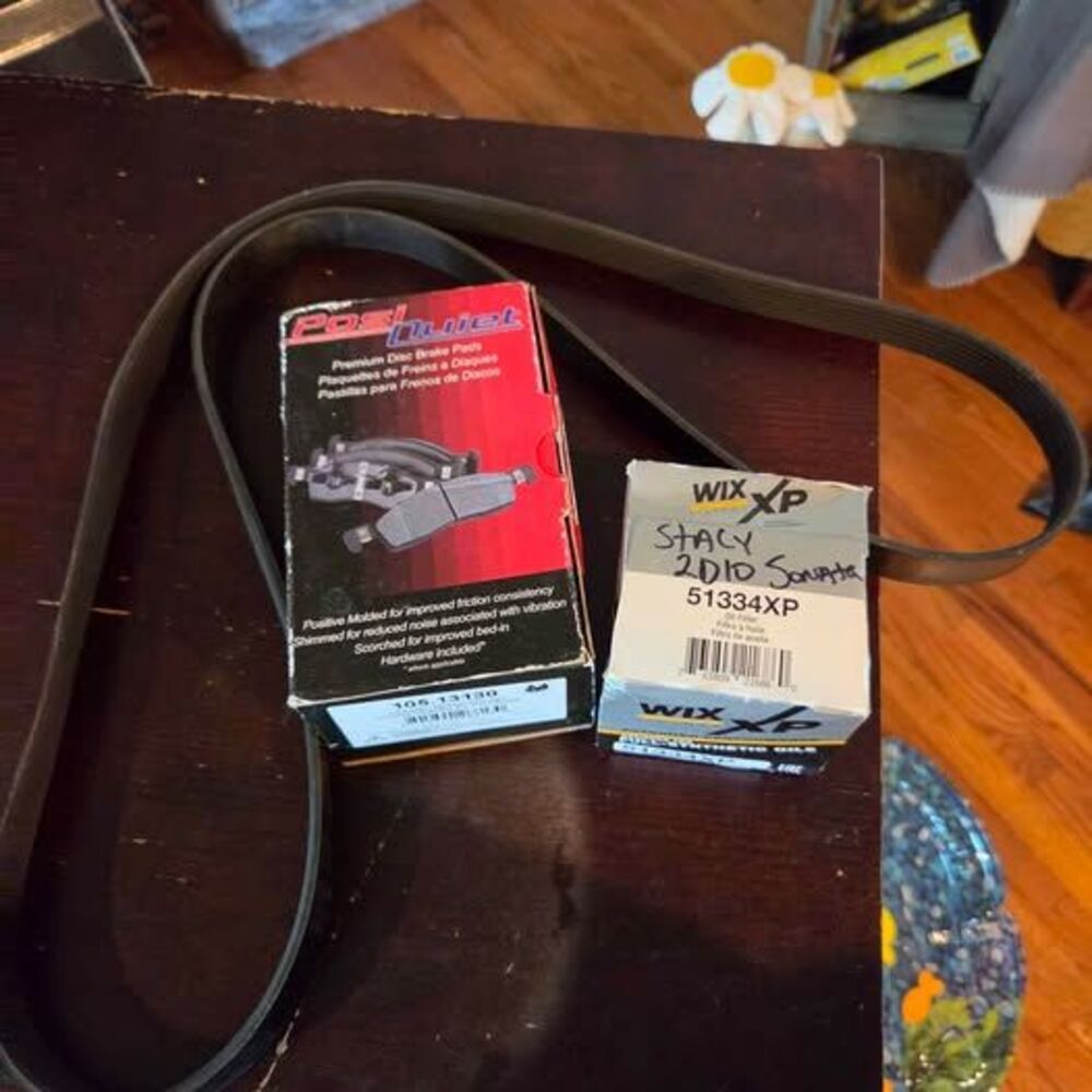 Oil filter, belt and two brake pads for Hyundai Sonata